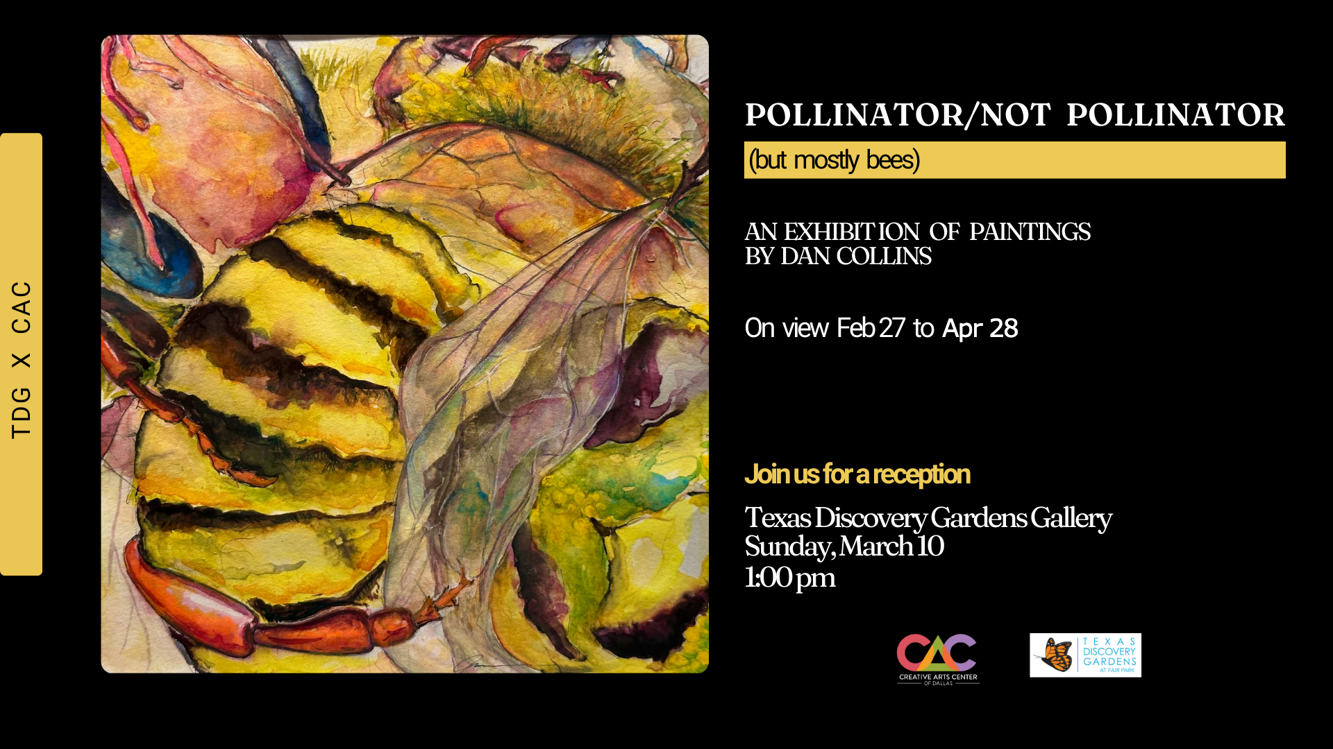 Image of a bee painting with exhibition dates listed